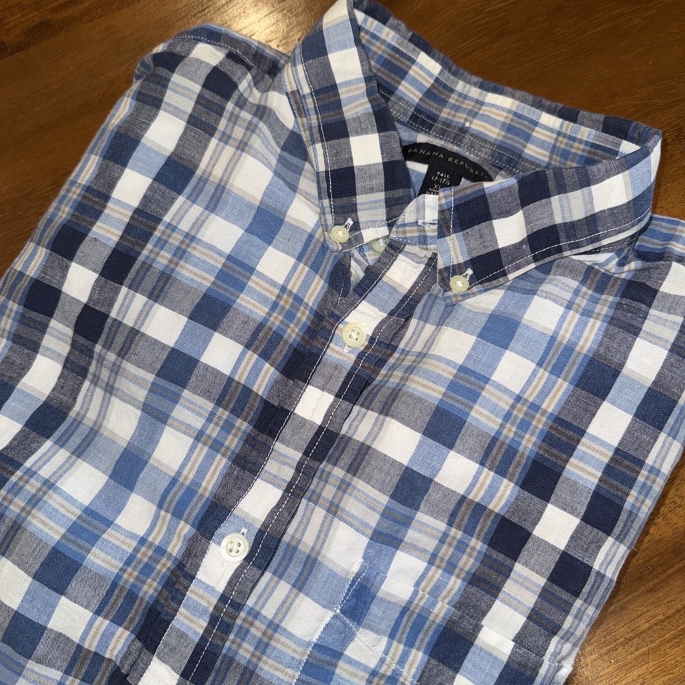 Banana Republic Shirt Men XL Tall Blue Cream Plaid Check Linen Blend Button Down